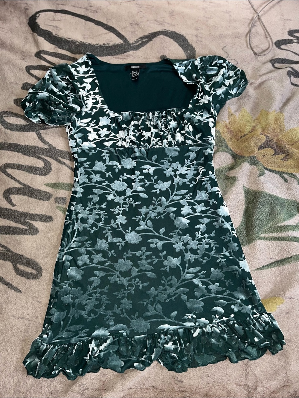 Forever 21 Dark Green Floral Velvet Square-Neck Mini Dress